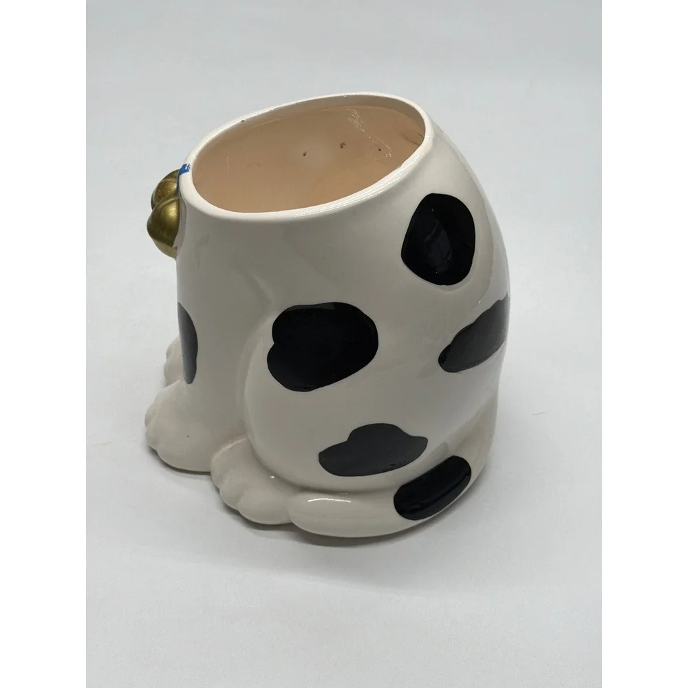 King Fong Pottery Corp Dog Planter‎ Pot Black Spots Gold Bow Blue Ribbon Base